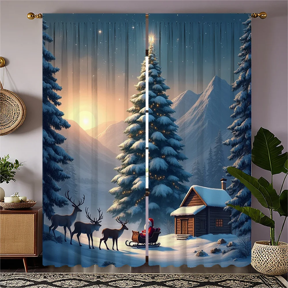 2pcs Festive Christmas Snowy Scene Curtains - Red Ornaments & Snowy Winter Wonderland Design, Semi-Transparent Polyester, Rod