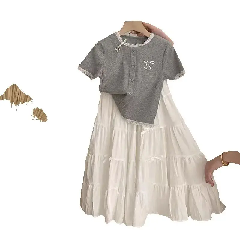 

Summer New Children's Lace Splicing Embroidered Top Solid Color Versatile Half Skirt 2-piece Set Girls' Set