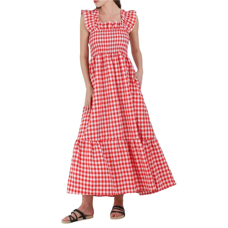 Vestido largo con volantes y tirantes finos a cuadros retro para mujer