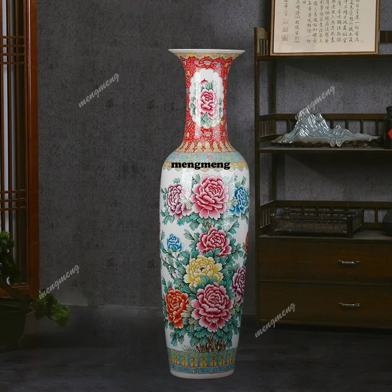Ceramics hand-painted peony pastel floor-to-ceiling large vase ornament living room flower arrangement extra large porcelainvase