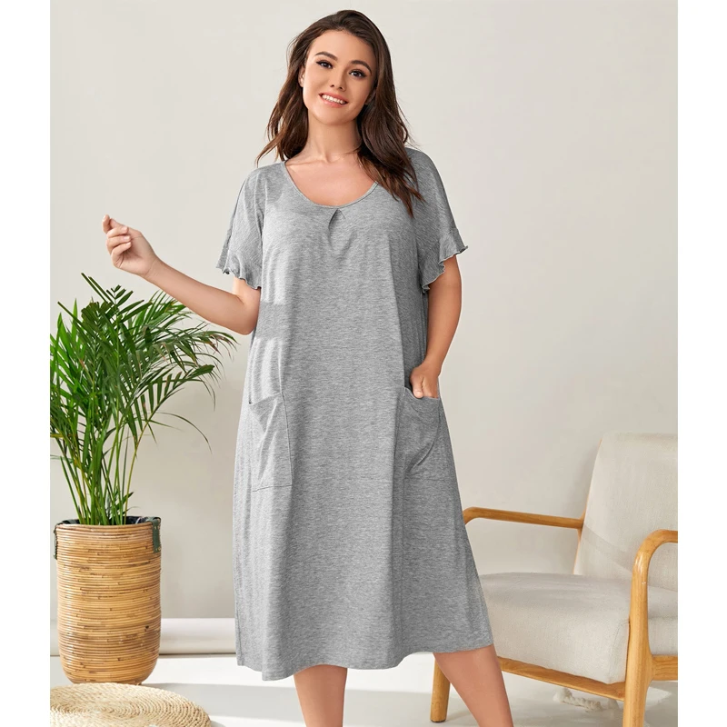 Plus Size 3XL 4XL 5XL Ruffled Nightdress Sexy Women\'s Pocket Nightwear Loose Casual Intimate Lingerie Home Wear Simple Nightgown