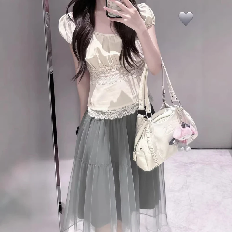 2026 Summer New Casual Style High Waist Versatile Double layer Cotton Splicing Mesh Half length Skirt for Women