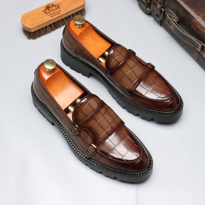 

PopFashion Men's Casual Leather Shoes Men Classic British Style Monk Loafers Mens Slip-on Thick Sole Heightened Shoe