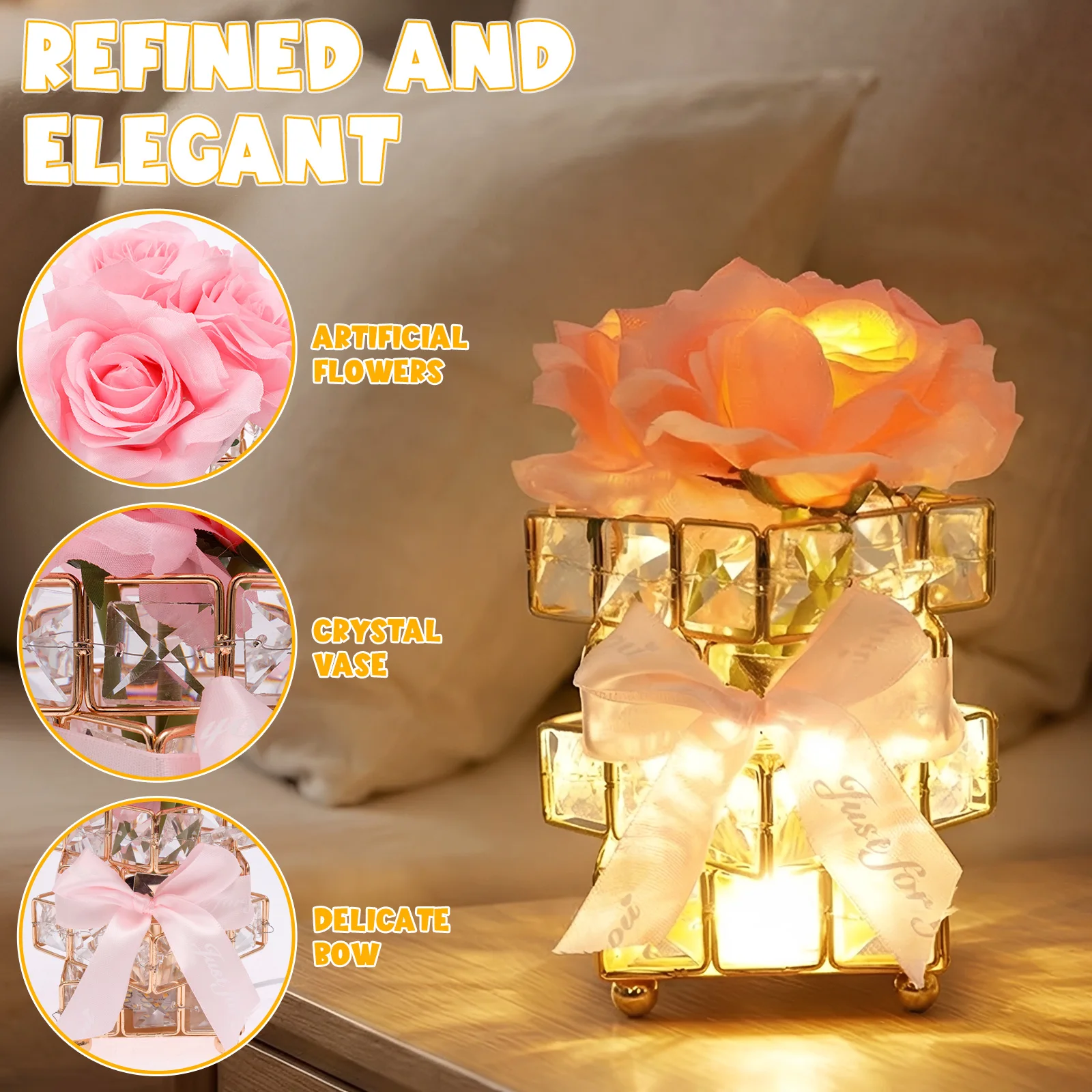Rose Flower Lamp with 360° Rotatable Base Rechargeable Crystal Night Light Dimmable Lamp for Bedroom and Home Decor Flower Lamp