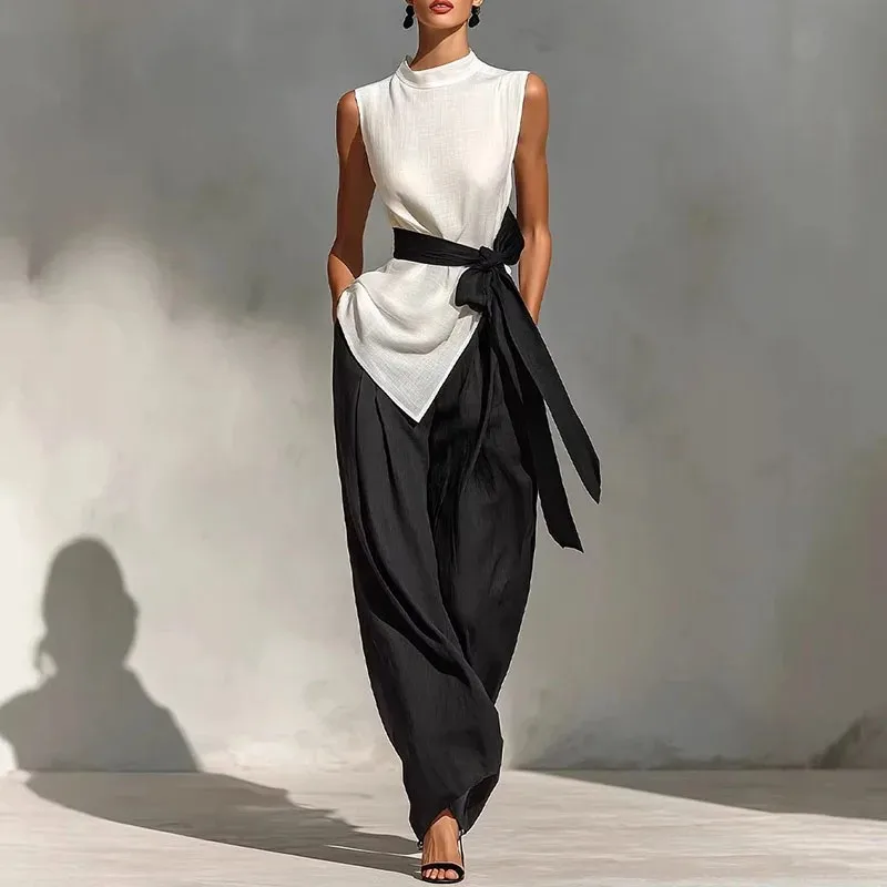 

Women Spring Summer Elegant Long Pants Two Pieces Set Sleeveless Lace-Up Top Casual Holiday Loose Outfit Lady Fashion Streetwear