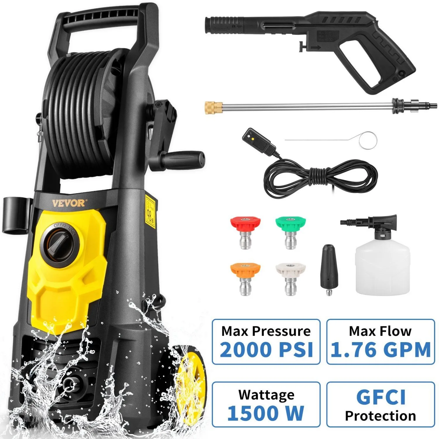 

VEVOR Electric Pressure Washer, 2000 PSI, Max. 1.76 GPM Power Washer w/ 30 ft Hose, 5 Quick Connect Nozzles, Foam Cannon, Portab