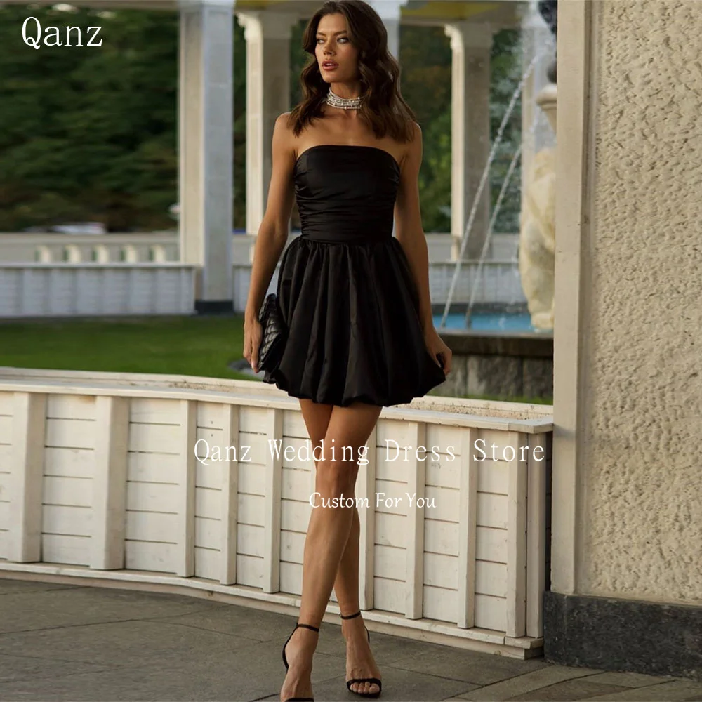 

Qanz Simple Black Satin Prom Dresses Strapless Short Mini Cocktail Dresses Lace Up Back Sexy Vestidos De Fiesta Party Gowns