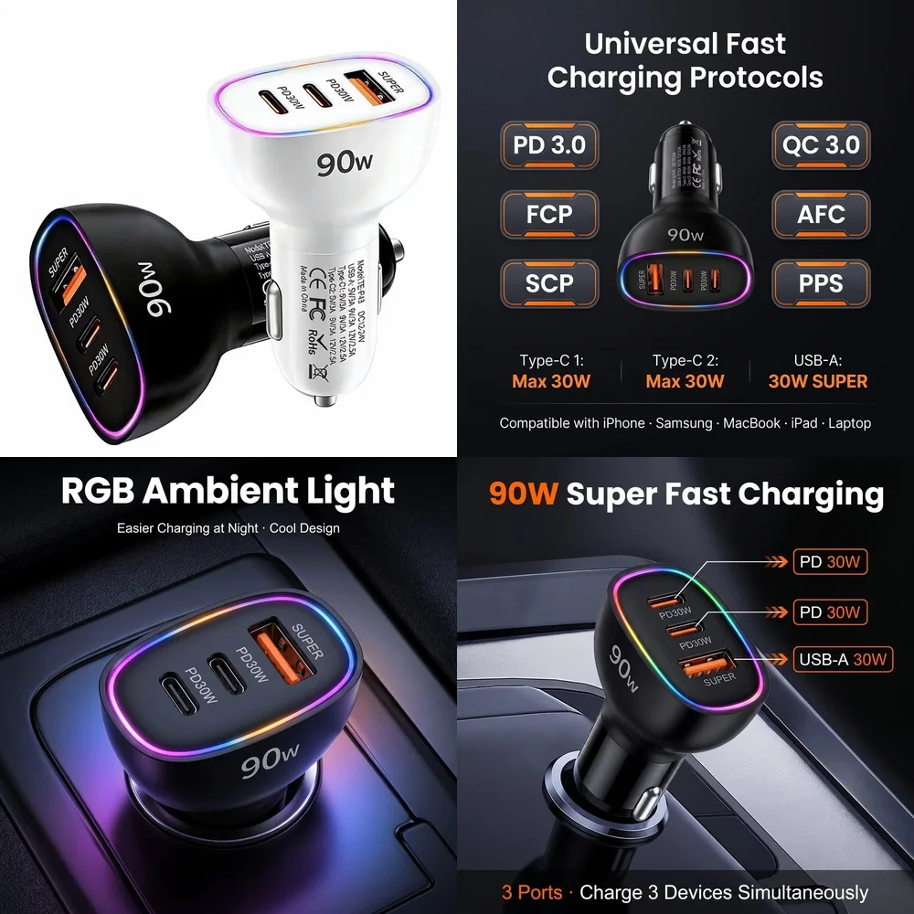 90W USB C Car Charger Multi Port Super Fast Charging Dual PD 30W Type C USB A 30W Adapter for Laptop MacBook Phone RGB Light