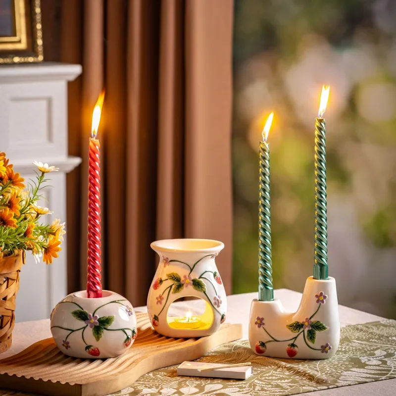 Ceramic Candle Holder, Strawberry 3D Embossed Design, Taper Candle Stick for Dining Table Wedding Home Decor, Fireplace Ornament