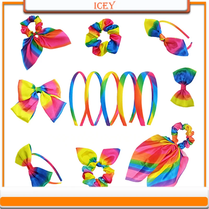 1pc Rainbow Headbands Bunny Ears Headwear Bow Tie Scrunchie Ponytail Streamer Hair Accessories Set Intestinal Ring Hair Clip