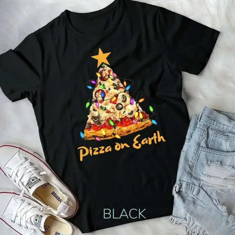 Funny Pizza on Earth Slice Christmas Tree with Lights Gift Unisex T shirt