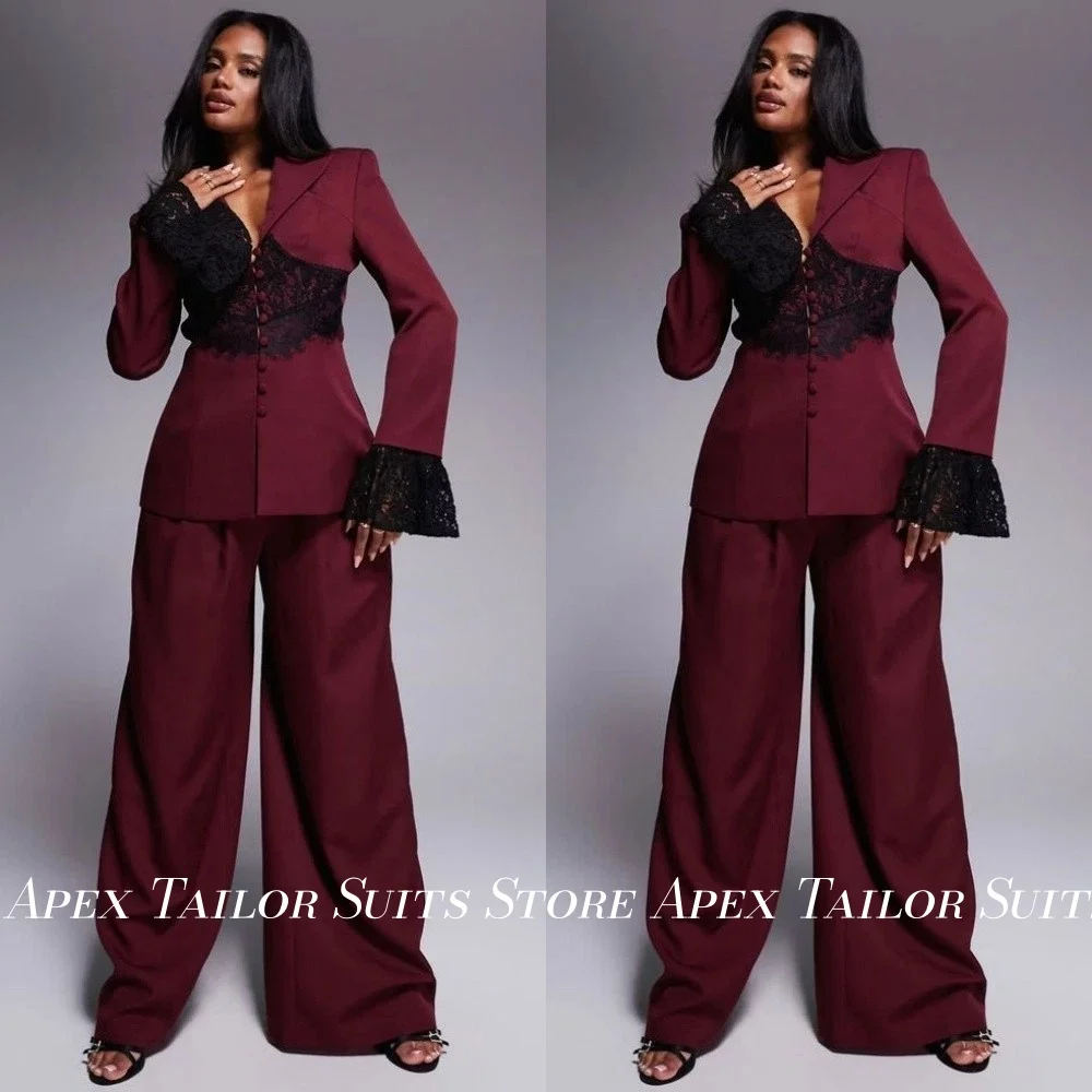 Women Suit Set 2Pcs Blazer Wide Leg Pants Set Burgundy Flare Lace Cuff Formal Office Party Ladies Outfit Customized