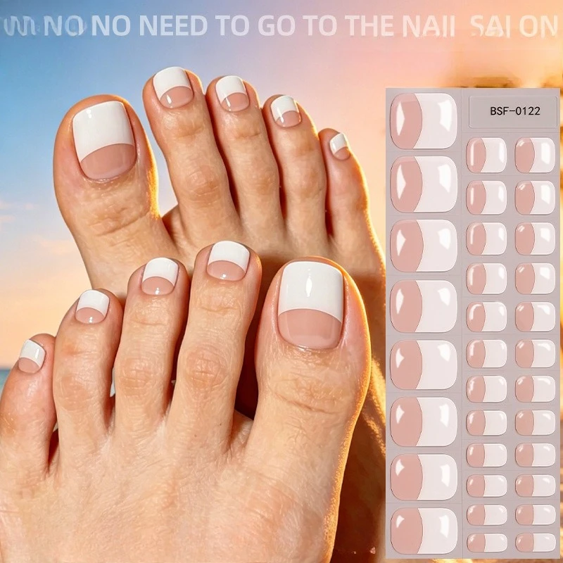 34tips Summer French Style UV-Free Gel Toenail Sticker Full Cover Gel Toenail Wraps Self-Adhesive Foot Nail Art Decor