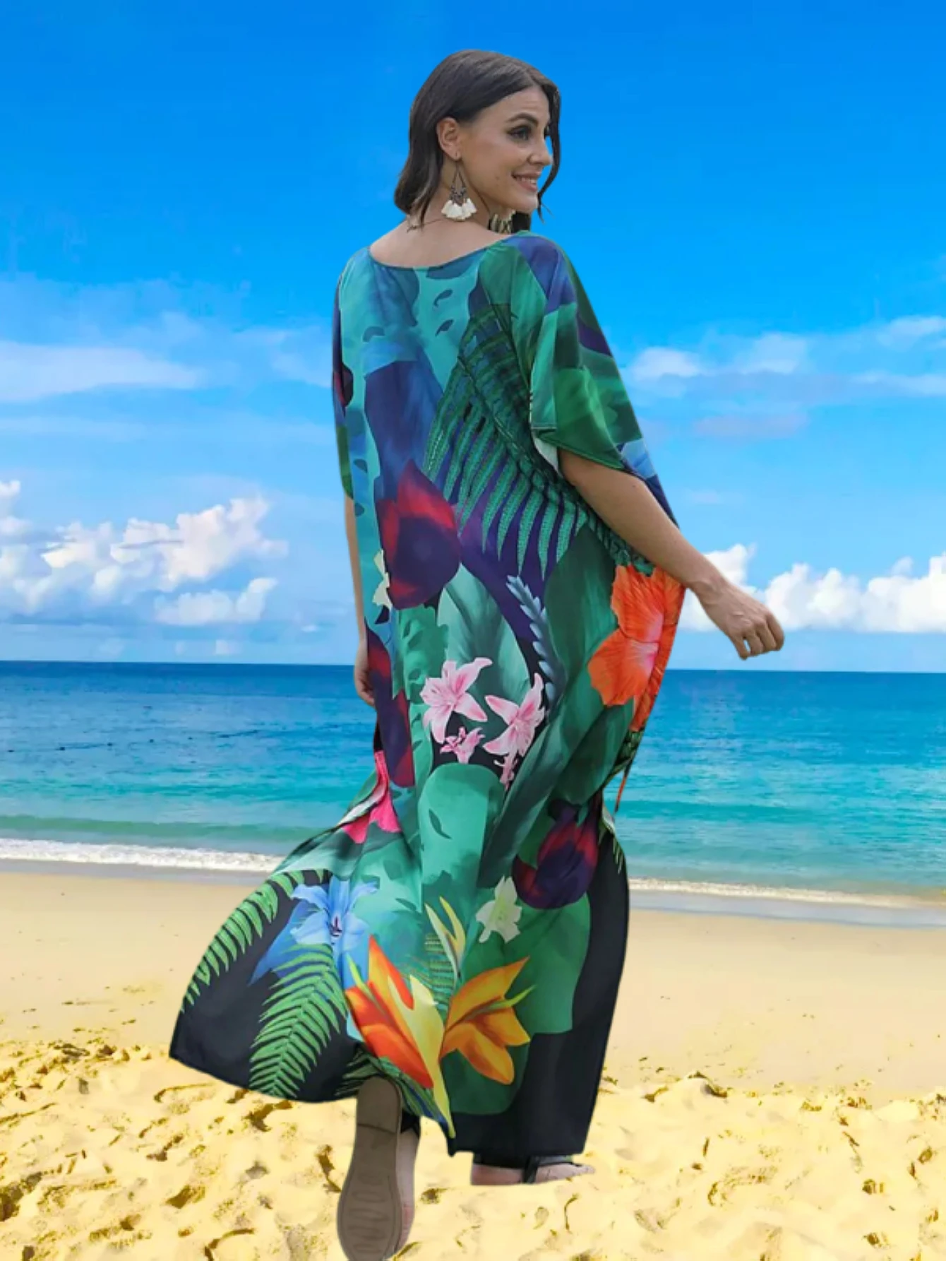 فساتين قفطان للنساء مقاس كبير بدلة استحمام تغطي فتحة رقبة على شكل حرف V فستان جناح الخفّاش فضفاض مناسب فساتين قفطان مغربي مومو