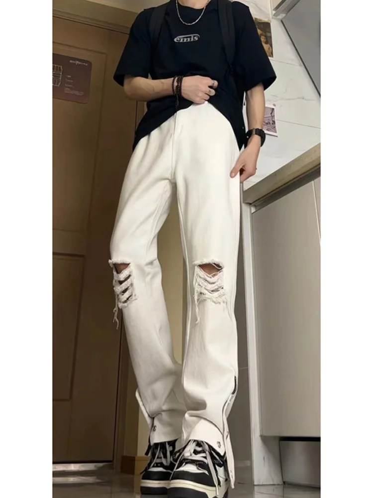 White Ripped Jeans Men's Design Split Micro Flared Button Pants Summer Loose Straight Leg High Street Trousers Youth Fashion - view 3