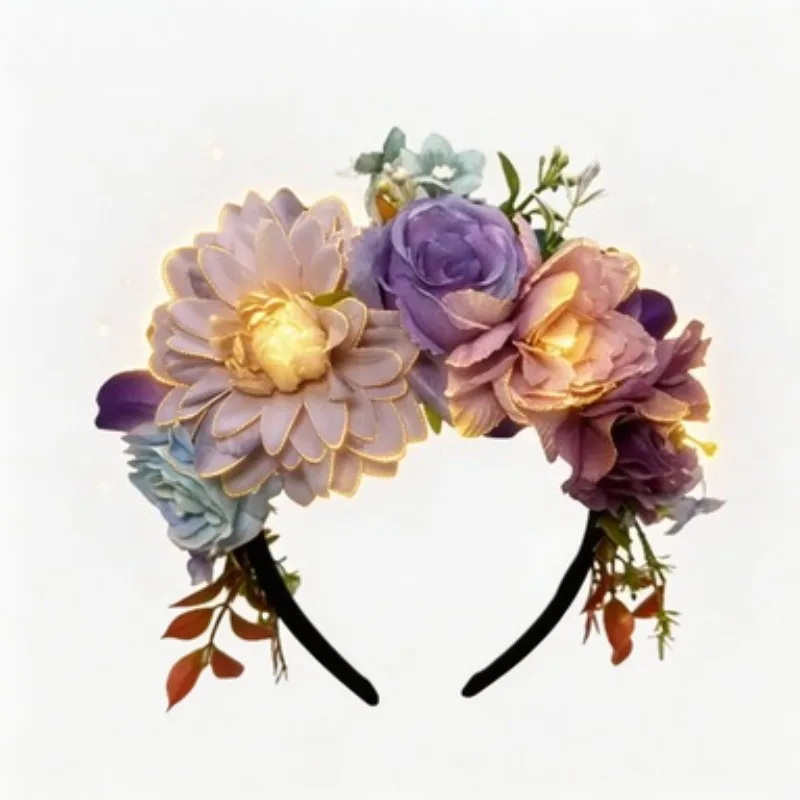 Day of The Dead Light Up Floral Headband for Women LED Glowing Cloth Flower Crown with Rose Peony for Halloween Cosplay Party