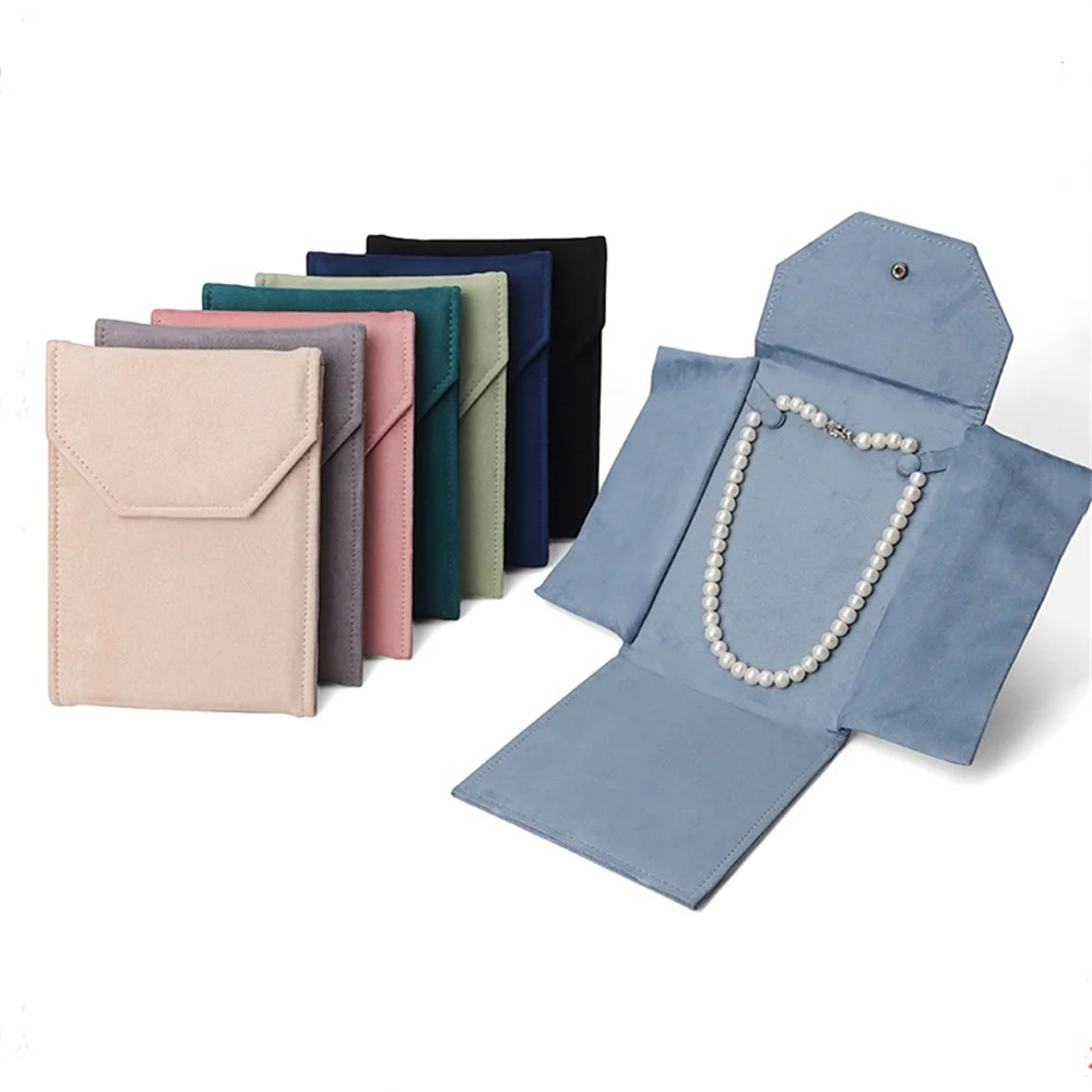 Velvet Jewelry Organizer Pouch Pearl Necklace Bag Portable Earring Ring Storage Bag Foldable Snap Button Gifts Packaging Pouches