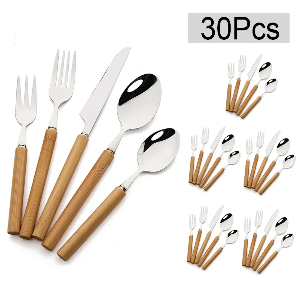 30Pcs Wooden Handle Cutlery Set Stainless Steels Dinner Set Knife Fork Spoon Western Dinnerware Kitchen Flatware