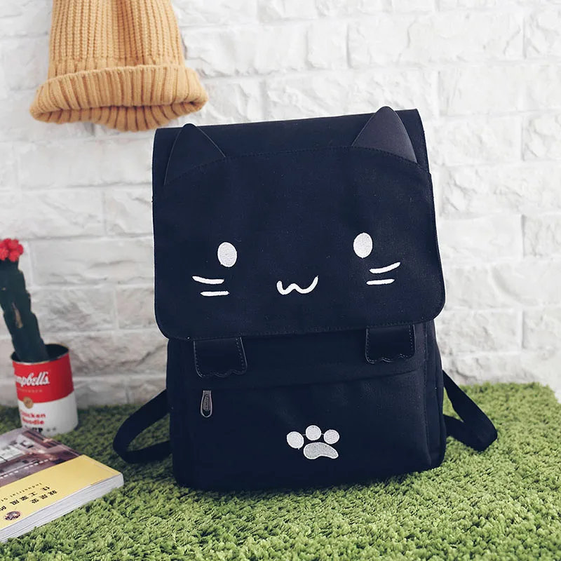 ABQR mode mignon chat broderie toile étudiant sac dessins animés femmes sac à dos loisirs sac d'école noir et blanc