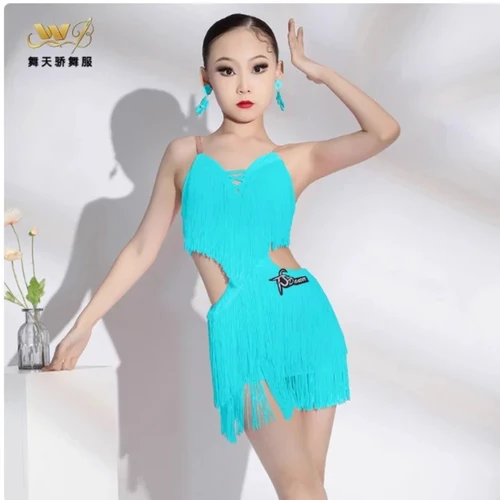 Imagen 2 del producto Vestido de baile latino para mujer, vestido de entrenamiento profesional, gasa de red, baile de salón, grupo de flecos irregulares