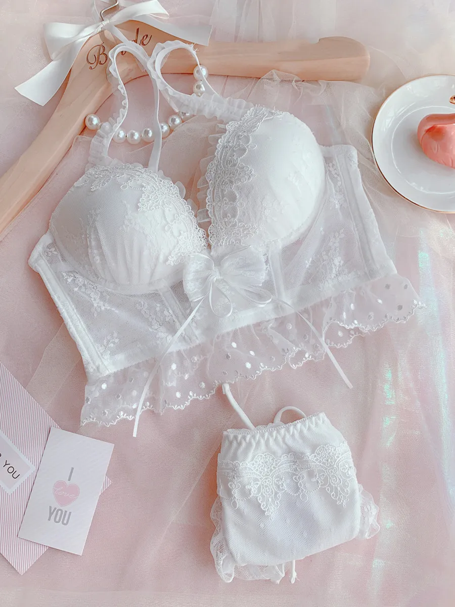 

Japanese no steel ring lingerie girl large size bra set sexy gathered small chest bow cute underwear panties suit