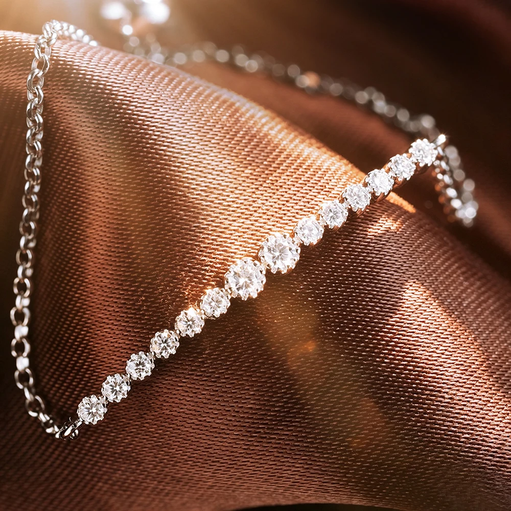 EWYA Dainty Graduated Round Cut Moissanite Link Bracelets Women S925 Silver 0.24cttw All Lab Diamond Stackable Chain Bracelet