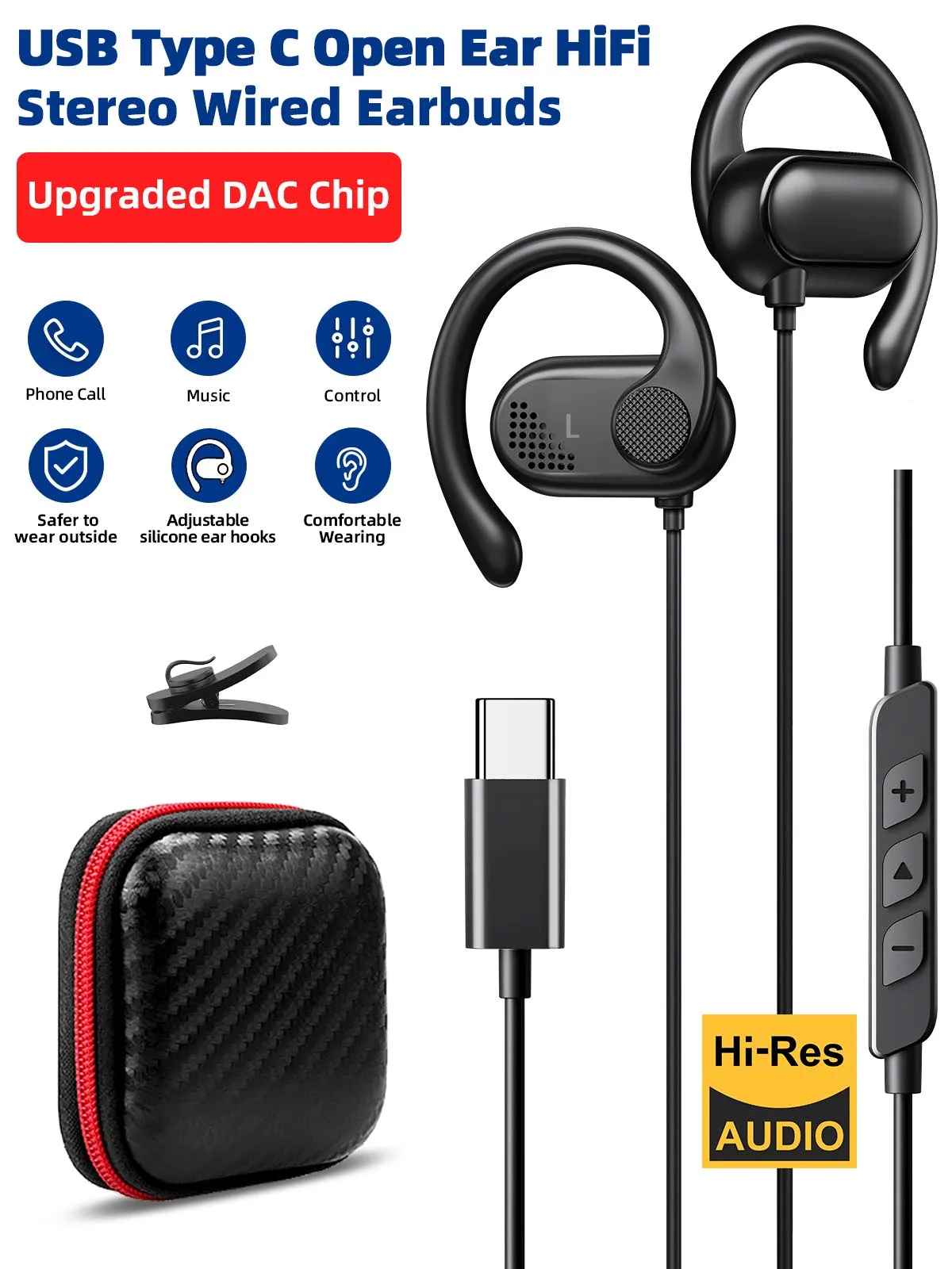 Słuchawki USB-C z otwartymi uszami, regulowanym zaczepem na ucho, obrotowy zaczep na ucho, słuchawki przewodowe USB typu C do Samsunga S25, iPhone'a 17, 16 — zdjęcie produktu 7