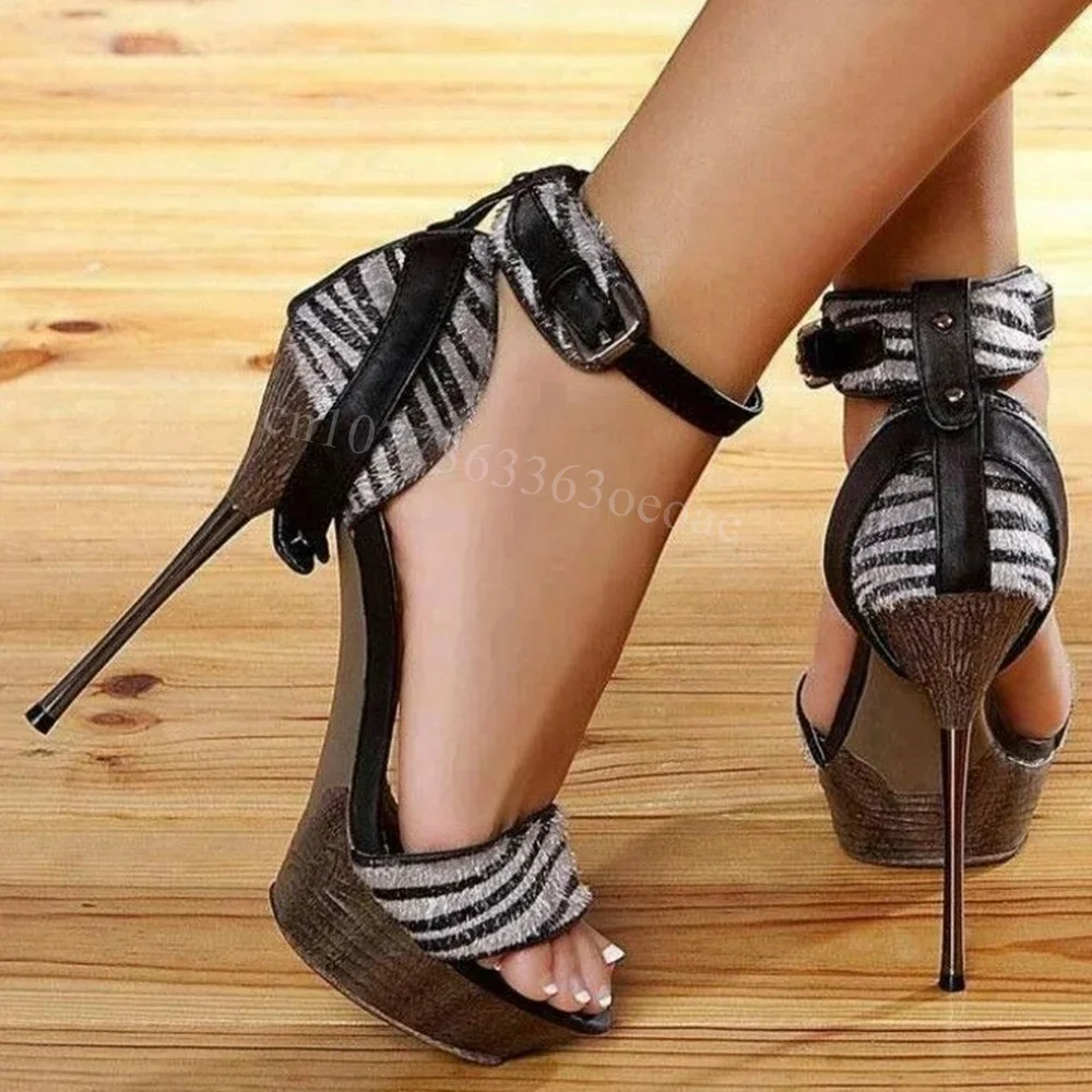Zebra Pattern Ankle Strap Sandals Sexy Platform Open Toe Shoes for Women Thin High Heels Fashion Shoes 2025 Zapatos Para Mujere