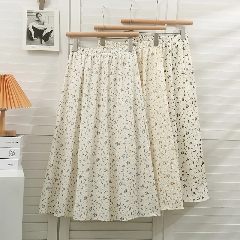 

Korean Fashion Floral Print Long Skirt Women Fashion Spring Summer Vintage Elastic Waist A Line Skirts Female Jupe