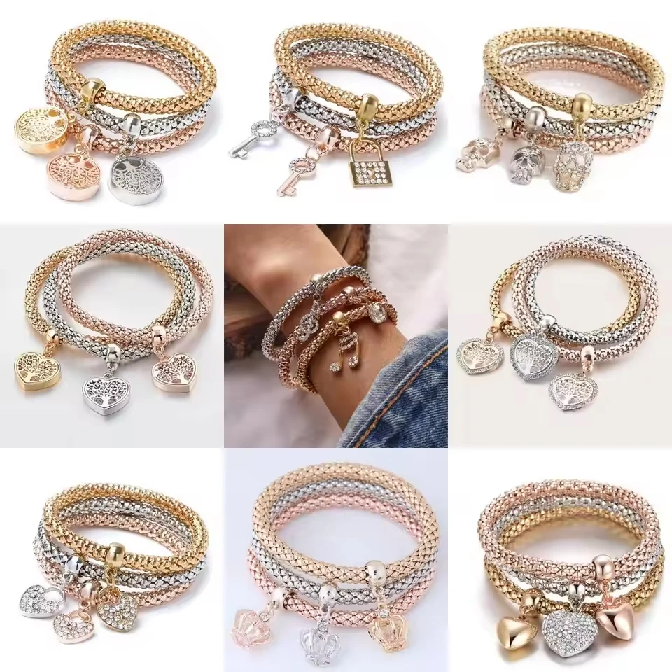 Conjunto de pulsera con colgante de corazón y cadena de maíz elástica a la moda para mujer de 3 colores, adecuado para regalos de citas, viajes, fiestas y festivales