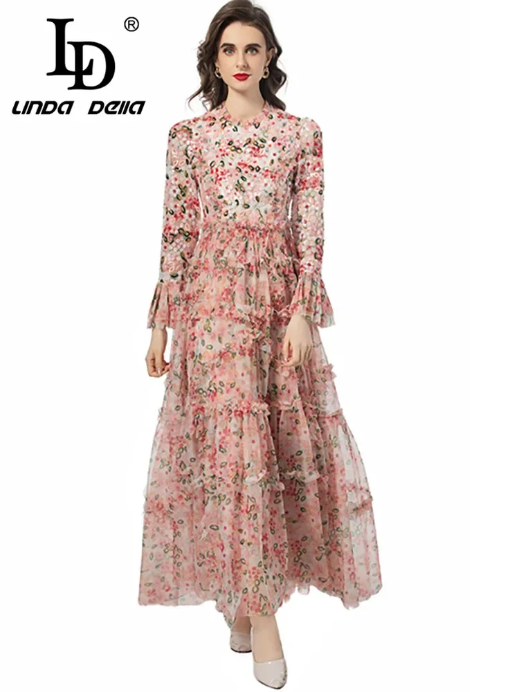 LD LINDA DELLA Summer 2024 luxury Designer Dresses for women Size S-XXXXL Bohemian Sequins Floral Print Net Yarn Ruffles Dresses