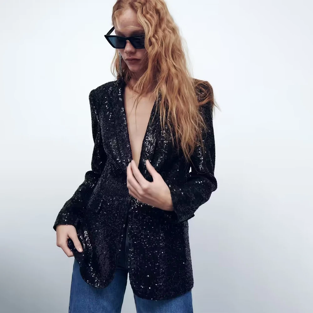 

2023 Women Casual Blazers Suit Coats Spring Autumn Fashion Sequin Single Button Jacket Female Elegant Street OL Blazer Outerwear