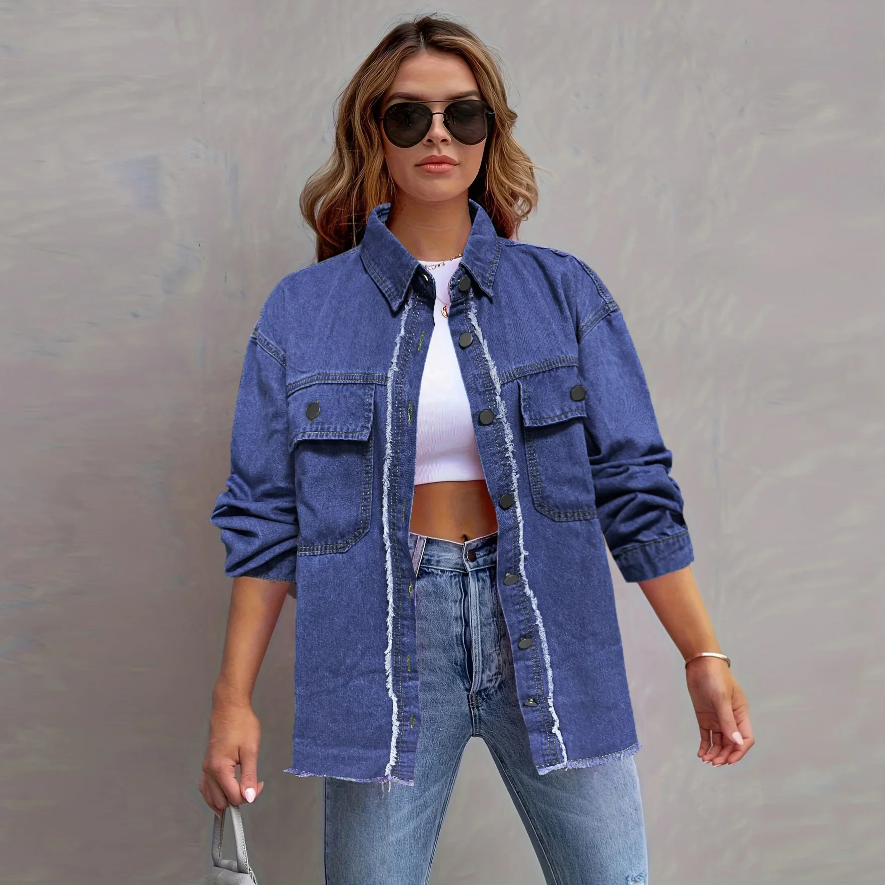 Long Sleeve Single Breasted Raw Edge Denim Coat, Women's Spring and Autumn New Fashion Solid Color Shirt Style Denim Coat Women