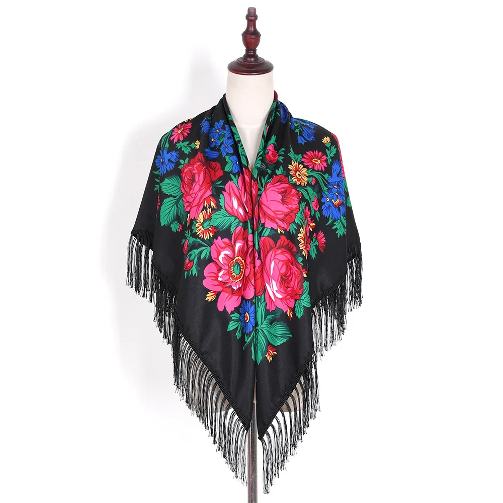 130*130cm Russian National Square Scarves Women Luxury Floral Print Fringed Ukrainian Shawls Babushka Handkerchief Head Wraps