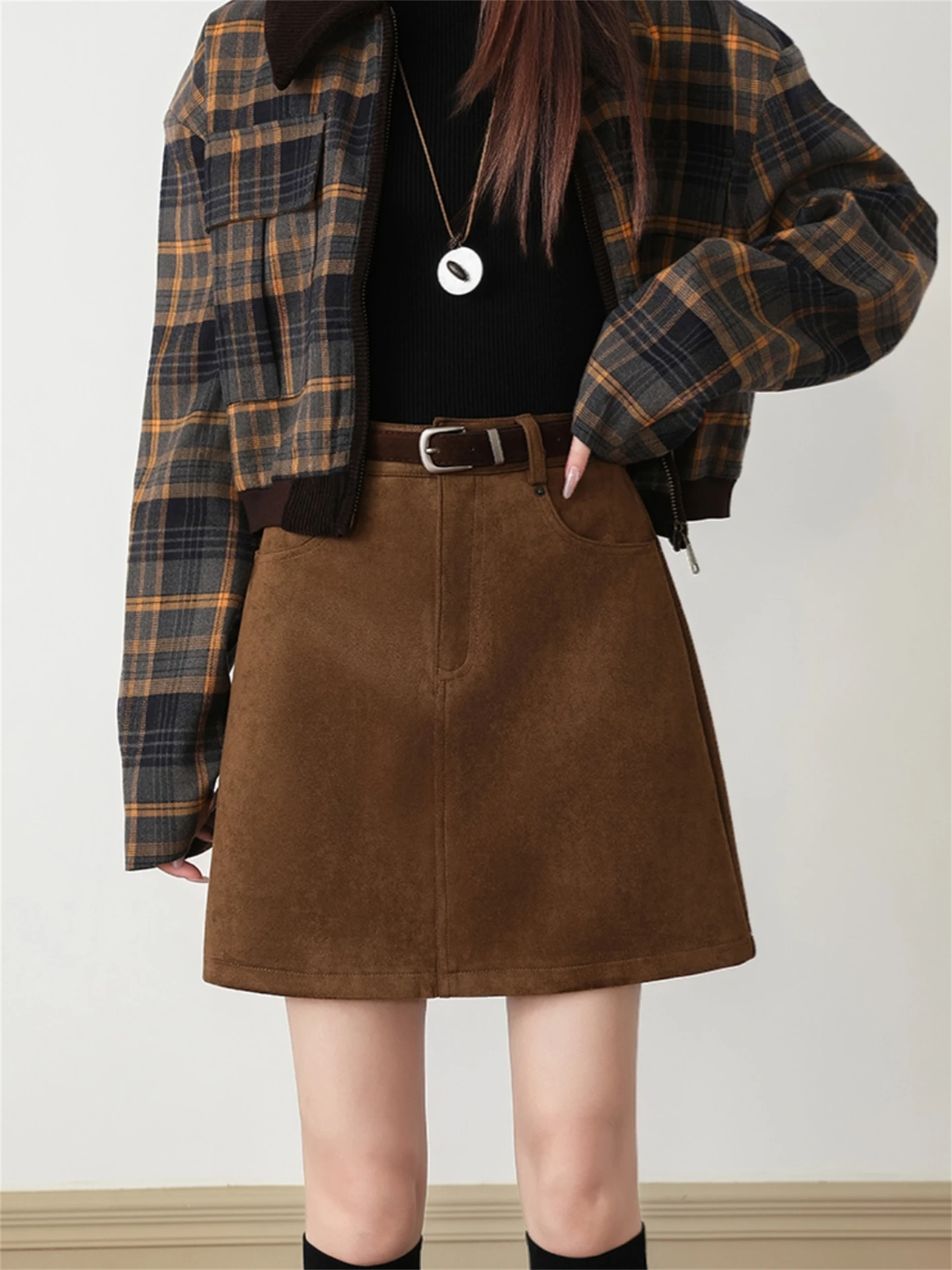 Korean Style Brown Velvet Short Skirt Women's A-Line  Skirt plus Size Fat MM Wrap Body Beautiful Suede Half Skirt