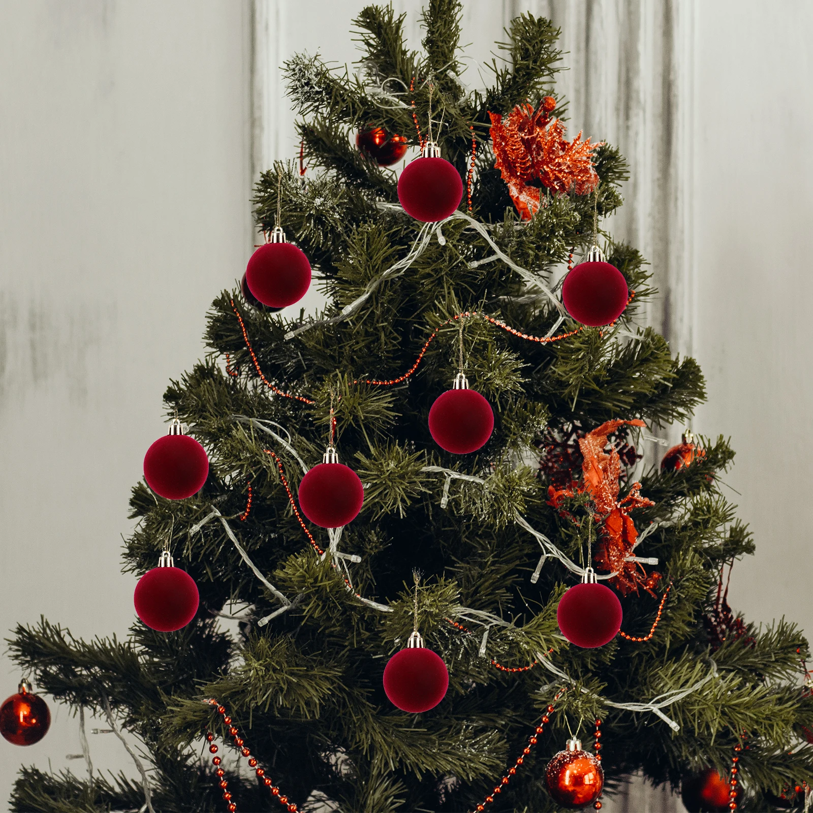 

24pcs Dark Red Flocked Baubles Small Shatterproof Tree Hanging Ornaments For Christmas Valentine'S Day Home Decor Holiday