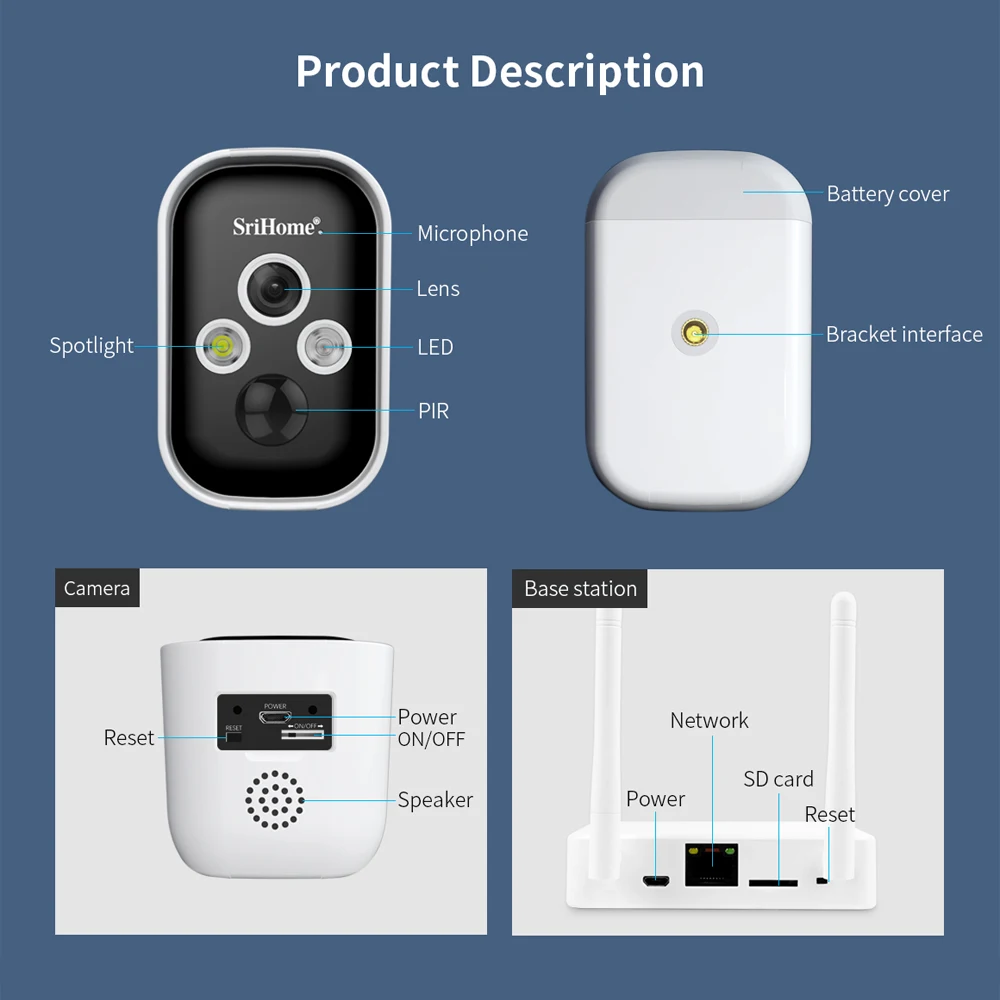 Srihome 3MP SH033 Battery Camera Kits 4ch Base Smart Home Wi-fi Router Security PIR Home Baby Monitor Camera