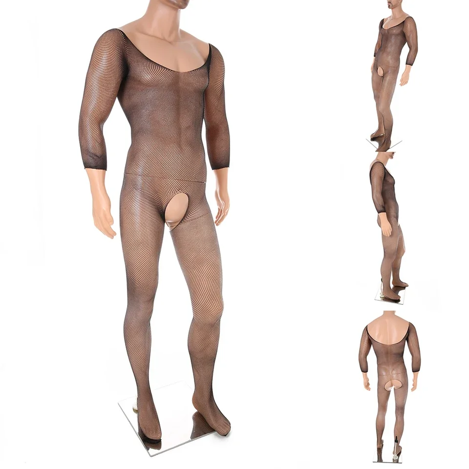 

Men's Hollow Fishnet Bodysuit with Open Crotch Feature Long Sleeve O Neck Underwear for Breathable and Flexible Wear