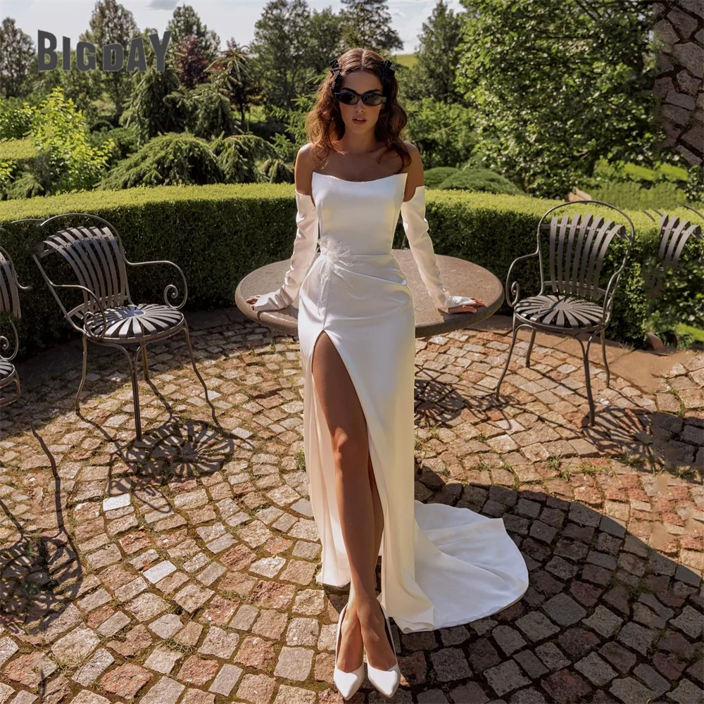 

Elegant Mermaid Long Sleeve Wedding Dress 2025 Boat-Neck Lace Side Slit Zipper Back Sexy Bridal Gown Vestido De Noiva Customized