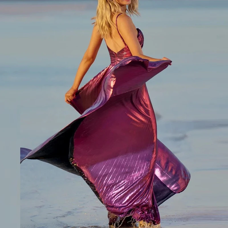 

New Summer Off Shoulder Slim Suspender Dress Sexy Lady Chest Wrap Pleated Split Formal Dress Bright Solid Backless Holiday Dress