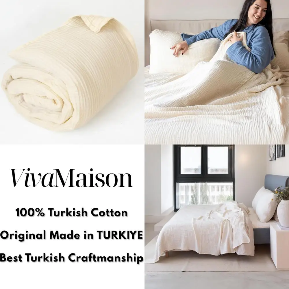 

Queen XL Size 95x102 Pure 100% Cotton Muslin Throw Blanket - Soft, Natural Undyed Turkish Cotton Bed Blanket for Comfortable Sle