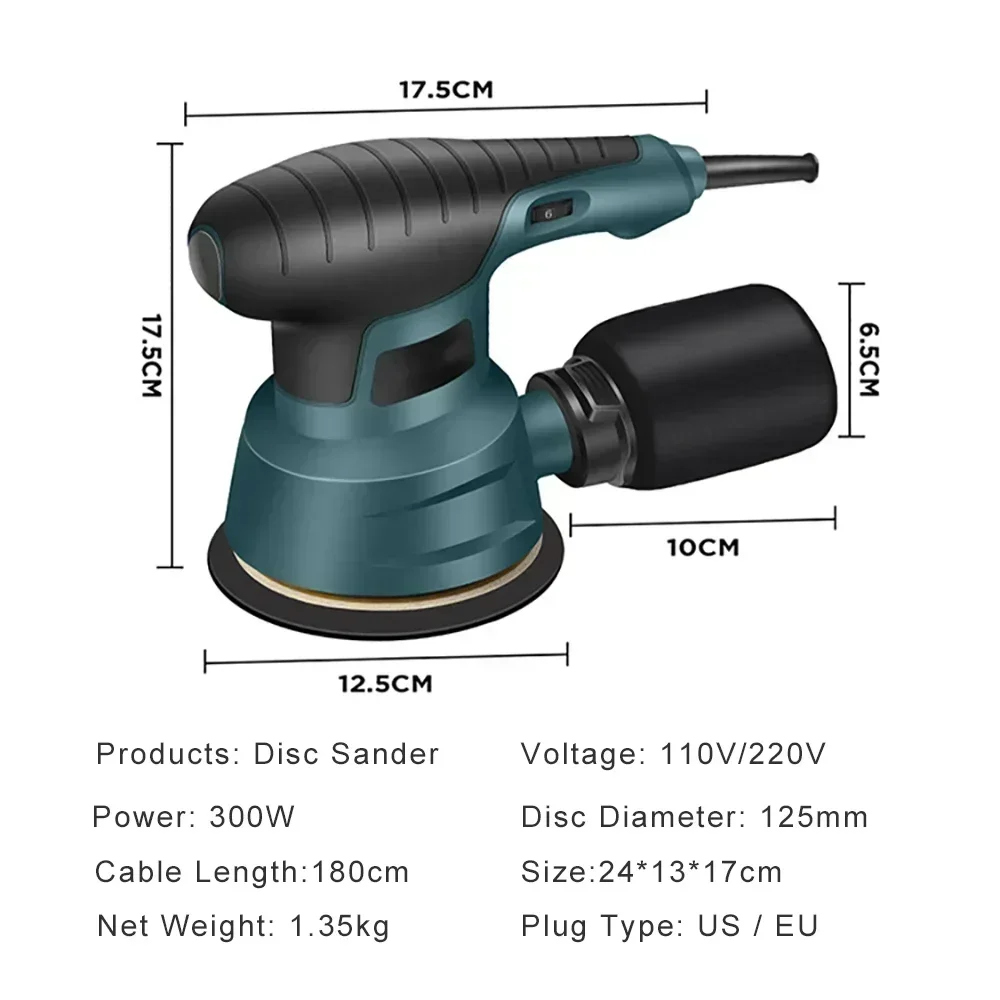 300W Electric Sander Machine Random Orbital Polisher 110V&220V Variable Speed Sander with 125mm Sandpaper Car Polishing Machine