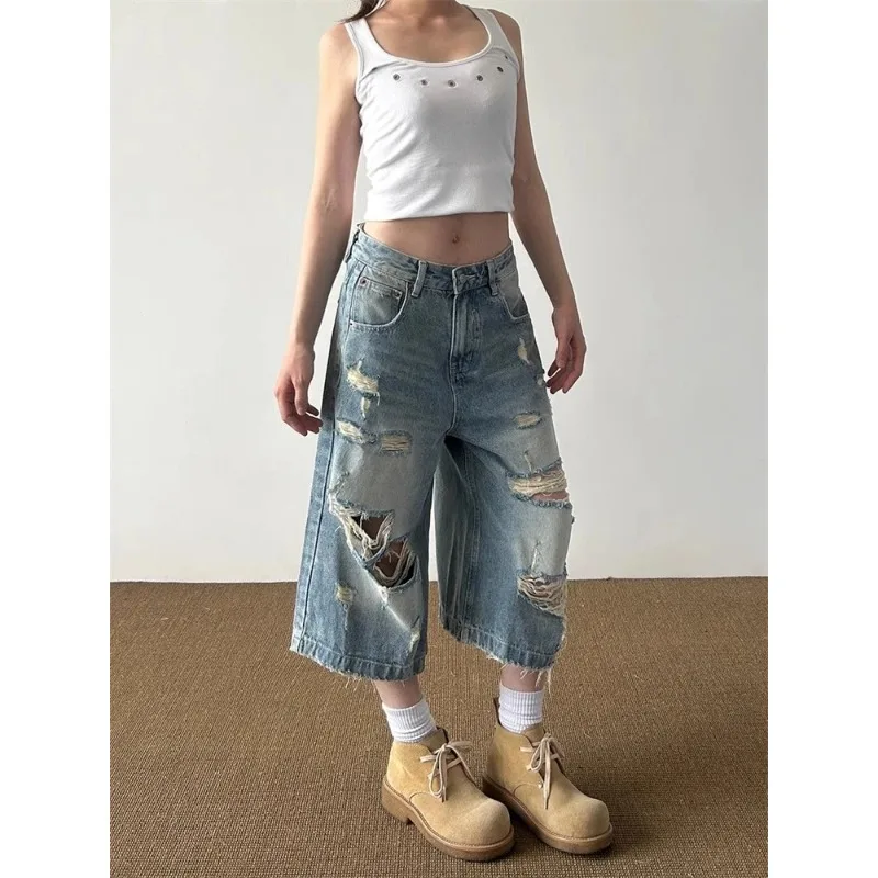 

Multiple Holes Distressed Denim Shorts Women's Cool Girl Wide-leg Calf-length Pant Female Capris Straight Trousers Cropped Jeans