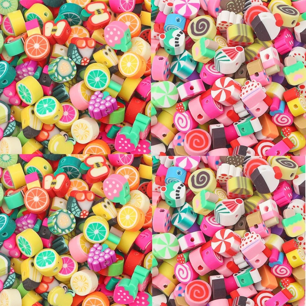60pcs Soft Pottery Beads Mixed Color Candy Dim Sum Fruit Shape Pattern Beads Beads Handmade DIY Bracelet Necklace Accessories