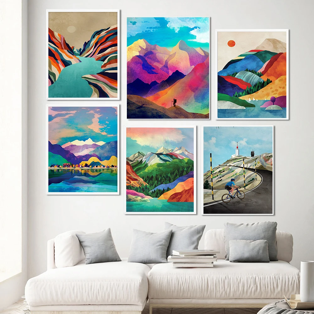 

Landscape House Lake Canvas Print Mountain Water Poster Woman Hiker Wall Art Painting Nordic Pictures For Living Room Decoration