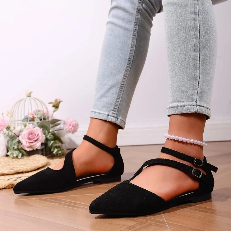 New Sandals for Women One Line Buckle Pointed Pointed-toe Flat-heeled Sandals Women's Suede Fashion Women'S Black Flats Shoes