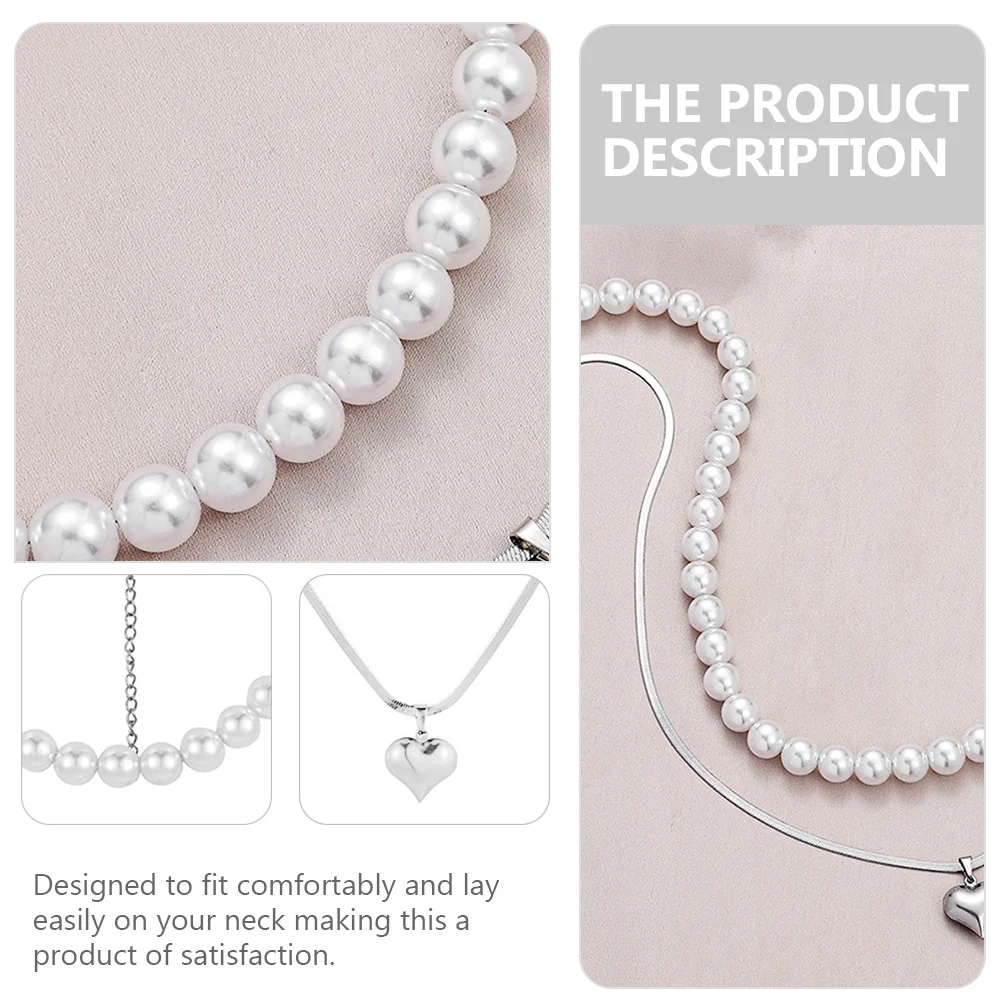 

Heart Pendant Necklace Choker Charm Pearl Layering Double Layered Love for Women
