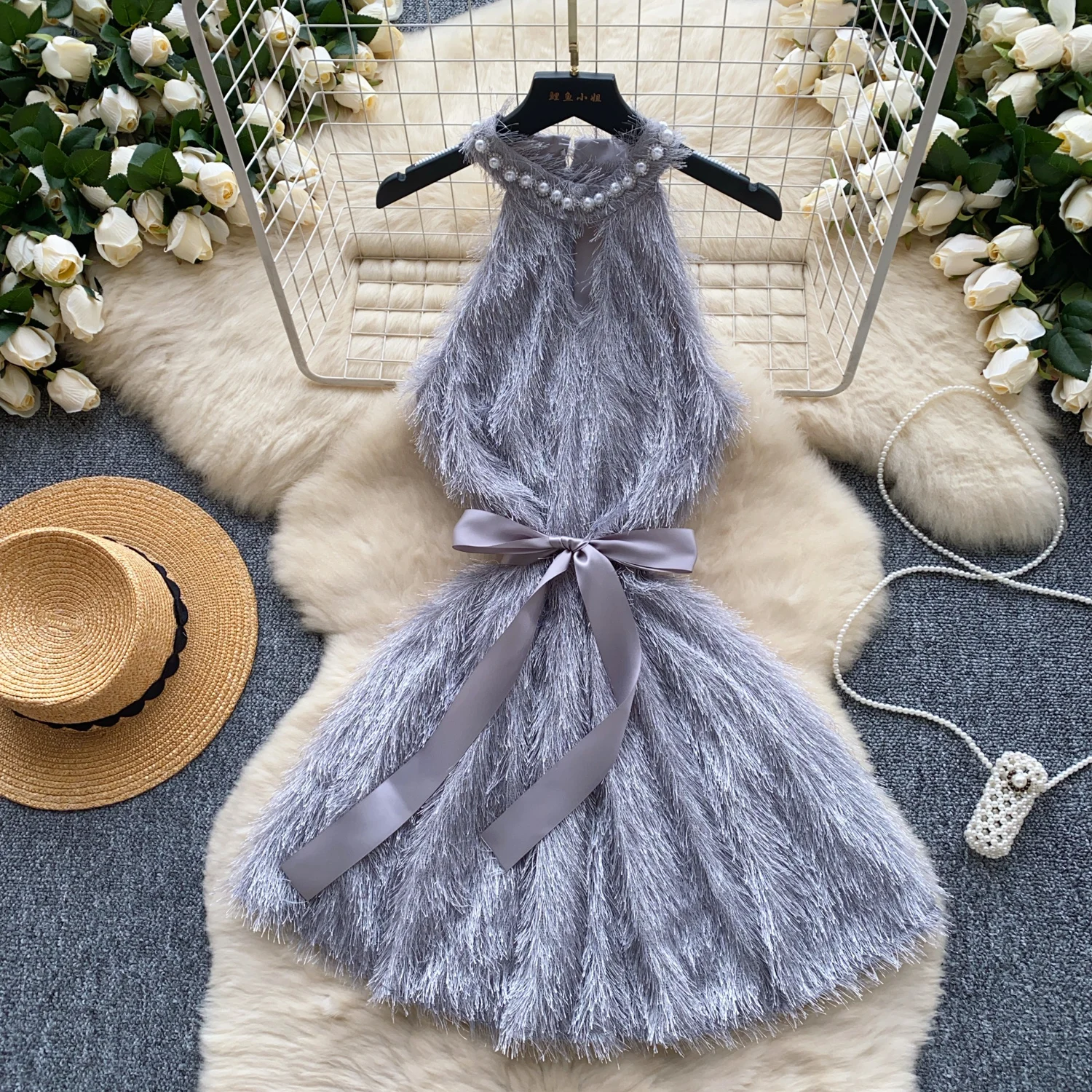 Summer Sexy Sleeveless Backpack Buttocks Dress Female Worker Furry Tassel Nail Bead Hanging Neck Sleeveless Dresses