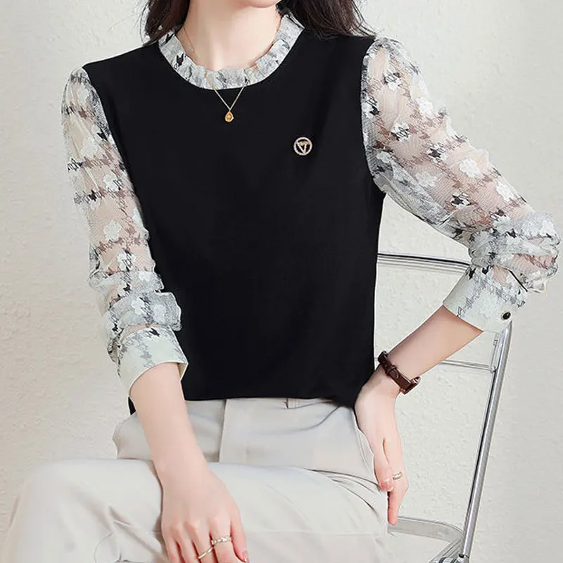 Weibliche Kleidung Casual Gedruckt Chiffon Patchwork Shirt Frühling Herbst Koreanische Rundhals Stilvolle Rüschen Lose Langarm Bluse