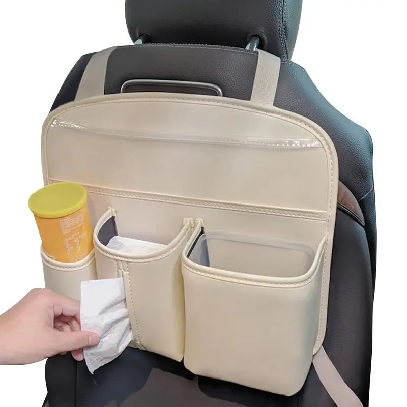 Car Seat Back Storage Bag 2 In 1 Leather Car Organizers And Storage With Multiple Pockets Space Saving Vehicle Trash Can